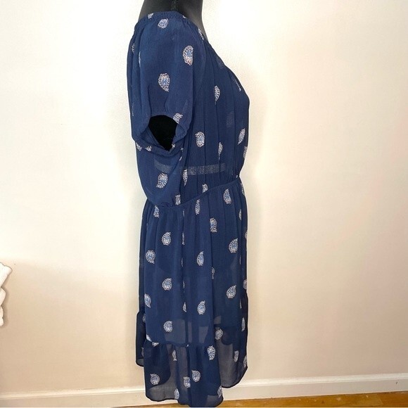 Daisy Fuentes Gaya Evening Dress Sheer Feather Midi Navy Blue Size Large - Picture 3 of 8